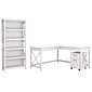 Bush Furniture Key West 60"W L Shaped Desk with 2 Drawer Mobile File Cabinet and 5 Shelf Bookcase, Pure White Oak (KWS016WT)
