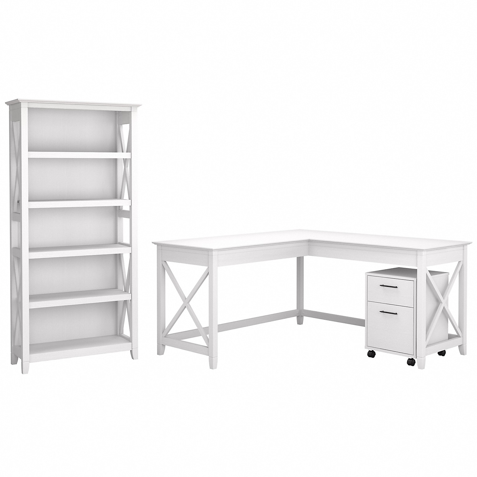 Bush Furniture Key West 60W L Shaped Desk with 2 Drawer Mobile File Cabinet and 5 Shelf Bookcase, Pure White Oak (KWS016WT)