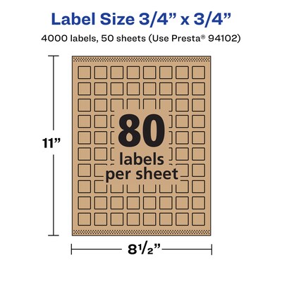 Avery Laser/Inkjet Square Multipurpose Labels, 3/4" x 3/4", Kraft Brown, 4000 Labels/Box ( 94102)