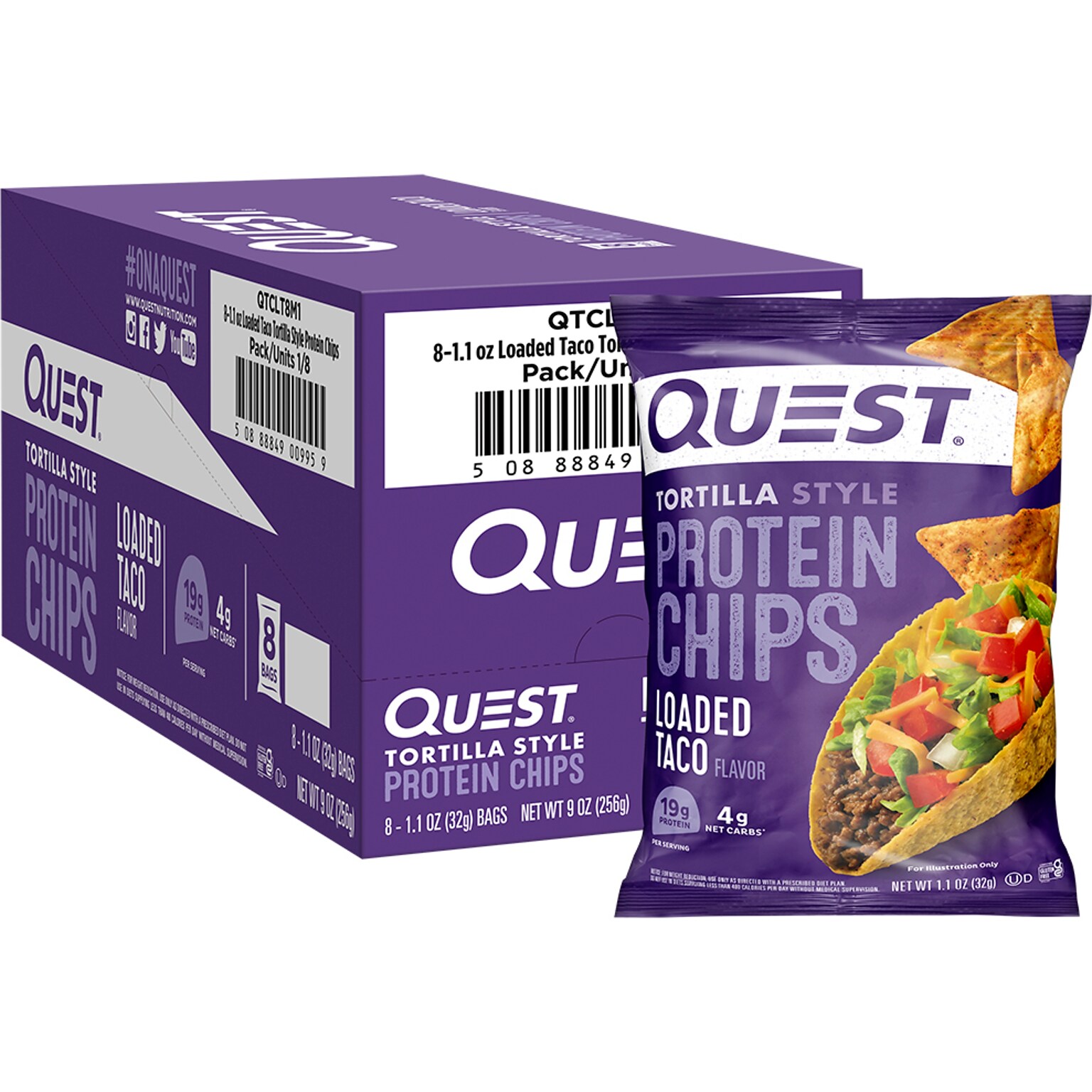 Quest Gluten Free Loaded Taco Tortilla Style Protein Chips, 1.1 oz., 8 Bags/Box (NTCT8M1)