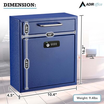 AdirOffice Steel Combination Locking Wall Mounted Interoffice Drop Box Mailbox, Medium, Blue (631-05-BLU-KCPK)