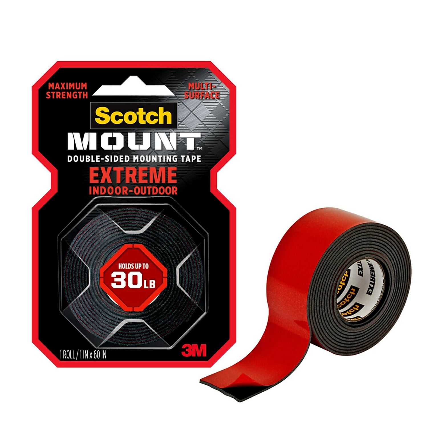 Scotch-Mount Extreme Double-Sided Mounting Tape, 1 x 60, 1 Roll, Black (414P)