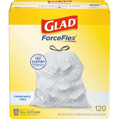 Glad ForceFlex Tall 13 Gallon Drawstring Kitchen Trash Bag, White, 120 Total Bags (78555)