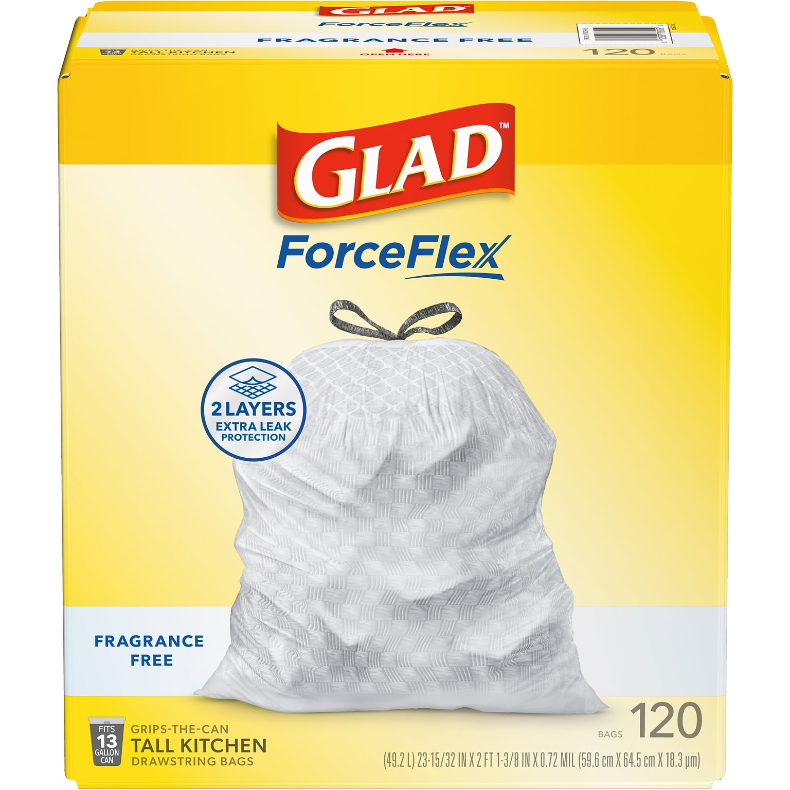 Glad ForceFlex Tall 13 Gallon Drawstring Kitchen Trash Bag, White, 120 Total Bags (78555)