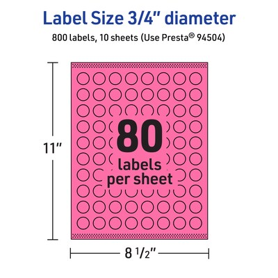 Avery Laser/Inkjet Round Multipurpose Labels, 0.75" Dia., Bright Pink, 800/Pack (94504)
