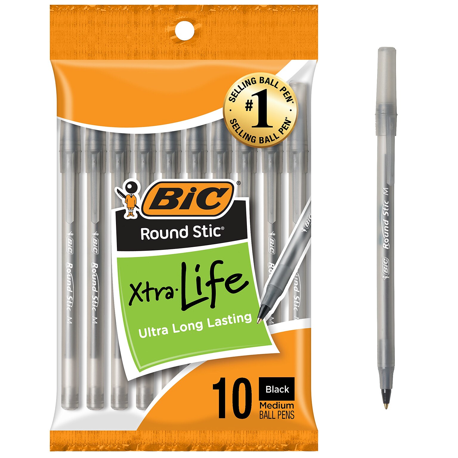 BIC Round Stic Xtra Life Ballpoint Pens, Medium Point, Black Ink, 10/Pack (20123)