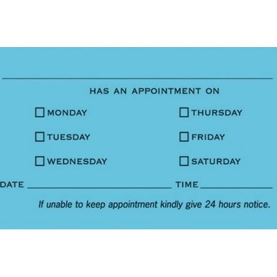 Custom 1-2 Color Appointment Cards, Blue Index 110# Cover Stock, Flat Print, 1 Standard Ink, 2-Sided