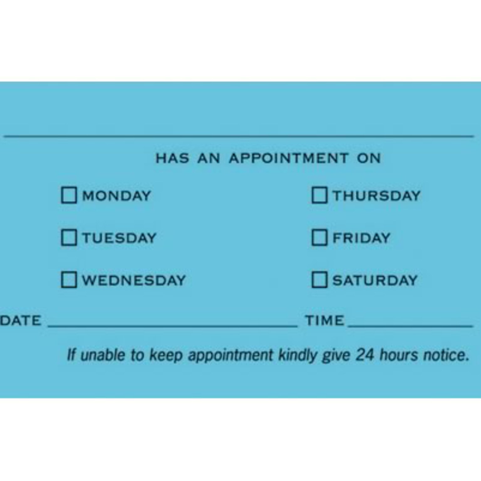 Custom 1-2 Color Appointment Cards, Blue Index 110# Cover Stock, Flat Print, 1 Standard Ink, 2-Sided, 250/Pk