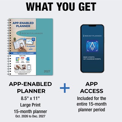 2027 Rocketbook Rocketplanner 9" x 11" Calendar Year Weekly & Monthly Planner, Plastic Cover (RKPL-CY27-8-TL)