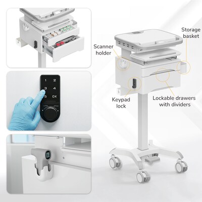 Mount-It! MedHub Powered Height-Adjustable Mobile Cart Workstation with Drawers & Built-In Power Strip, White/Gray (MI-16057)