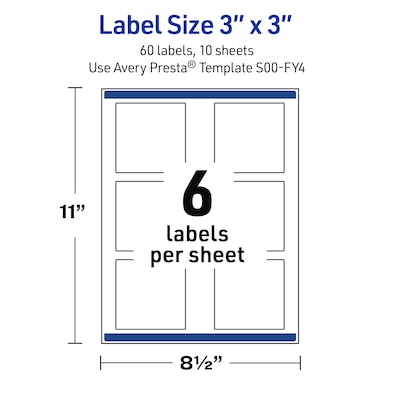 Avery Square Laser/Inkjet Multipurpose Labels, 3" x 3", White, 60/Pack (19479371119)