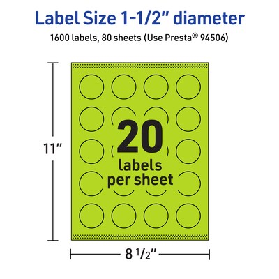 Avery Laser/Inkjet Multipurpose Circle Labels, 1.5" Dia., Bright Green, 1600/Box (94506)