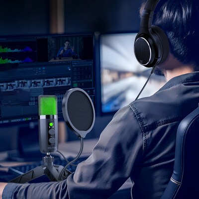 Delton M101 RGB Condenser Microphone and ANC Bluetooth Computer Headphones Podcast & Recording Kit, Black (DRU3000BD1)