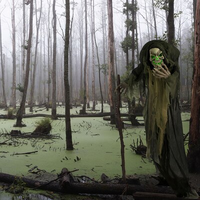 Haunted Hill Farm Life-Size Animatronic Skeleton Reaper Holding Staff (HHSKEL-7FLSA)