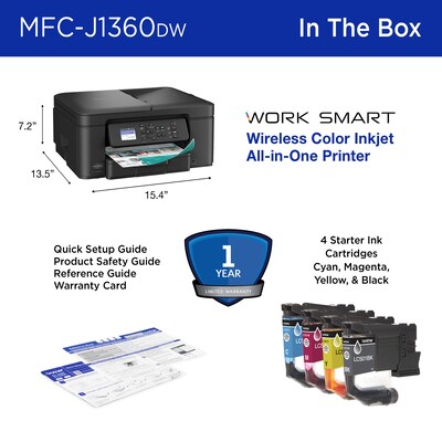 Brother Work Smart MFC-J1360DW Wireless Color All-In-One Inkjet Printer, Best for Home Office, Ink Subscription Service Included