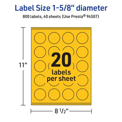 Avery Round Laser/Inkjet Multipurpose Labels, 1-5/8" Dia, Bright Yellow (800/Box)