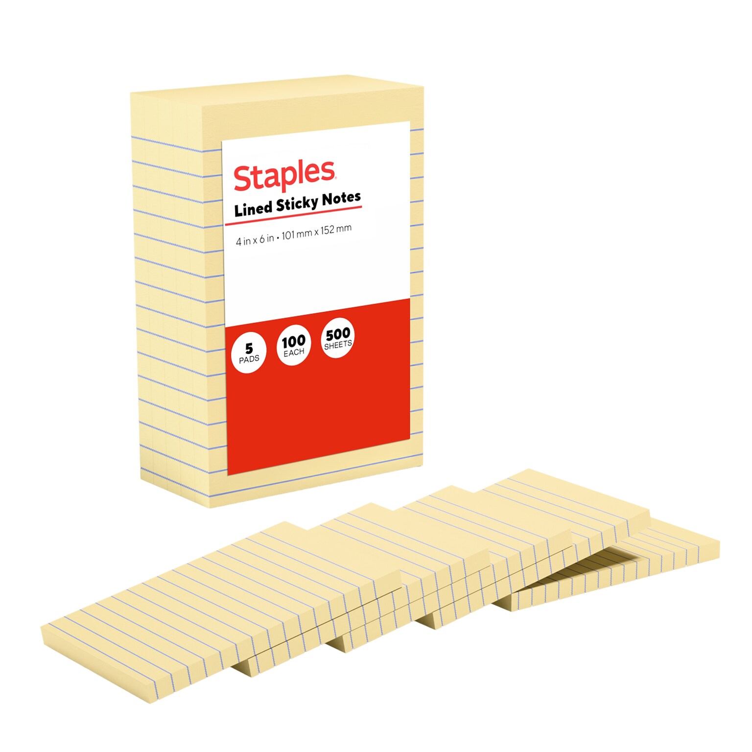 Staples Recycled Sticky Notes, 4 x 6, Sunshine Collection, Lined, 100 Sheets/Pad, 5 Pads/Pack (S46YR/552572)