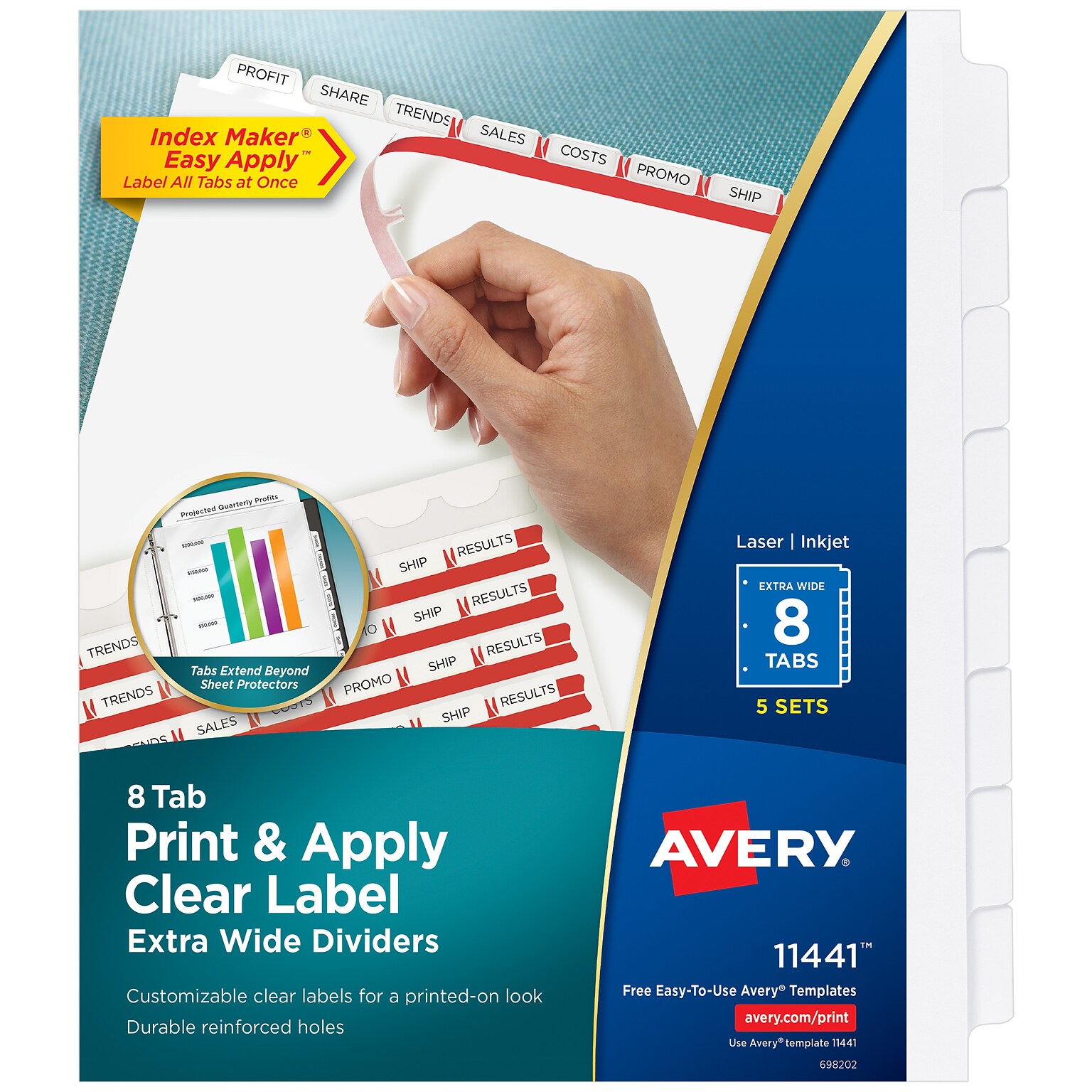 Avery Index Maker Extra-Wide Paper Dividers with Print & Apply Label Sheets, 8 Tabs, White, 5 Sets/Pack (AVE11441)