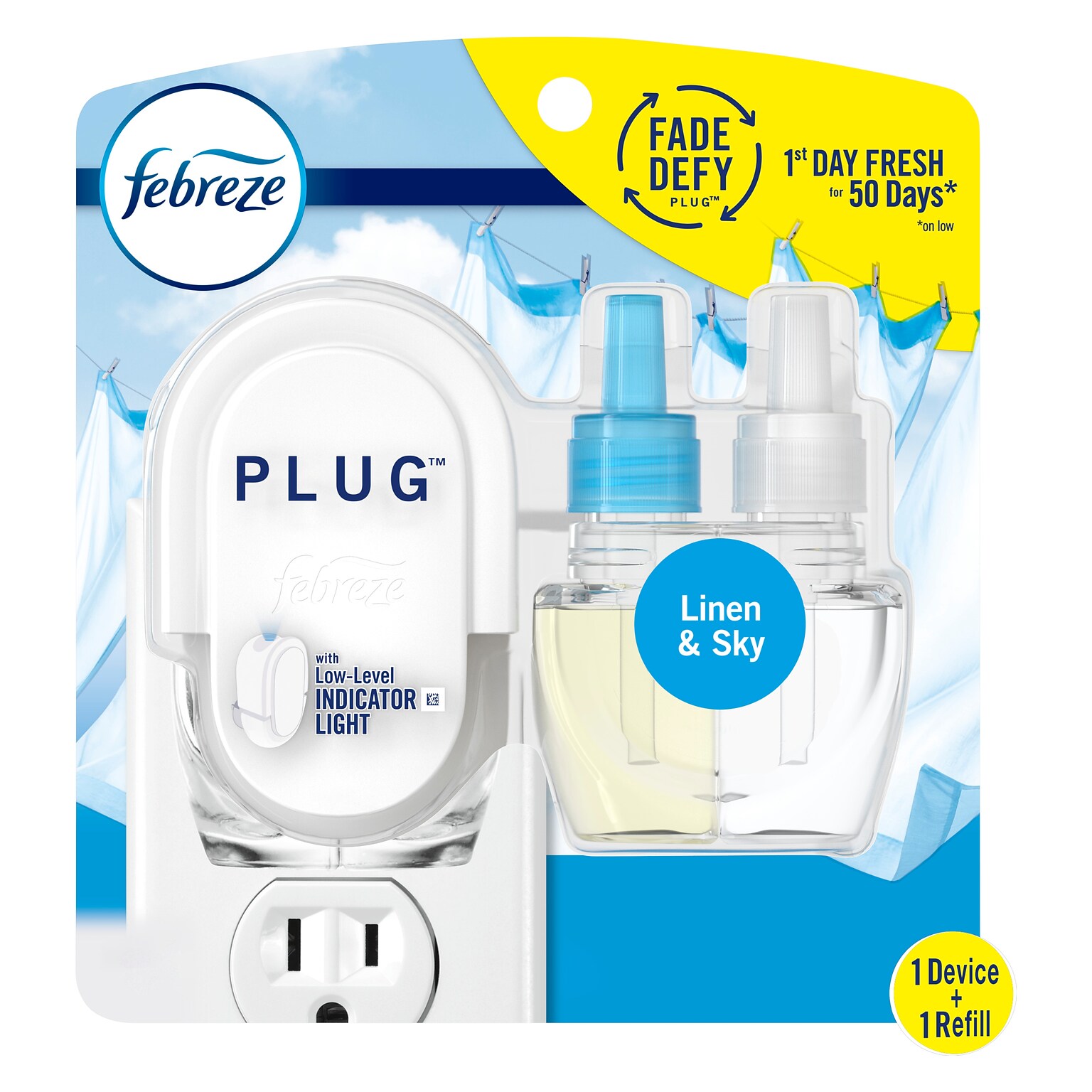 Febreze Fade Defy PLUG Air Freshener with Refill, Linen & Sky Scent, 0.87 Fl. Oz. (90121)