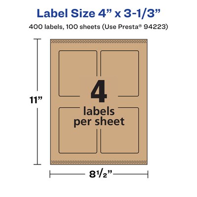Avery Laser/Inkjet Rectangle Multipurpose Labels, 4" x 3-1/3", Kraft Brown, 400 Labels/Box ( 94223)