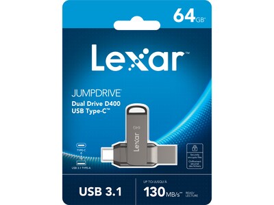 Lexar JumpDrive D400 Dual 64GB USB 3.1 Flash Drive, Titanium (LJDD400-64G-BNU)