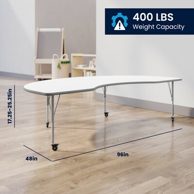 Flash Furniture Wren Kidney Activity Table, 96" x 48", Height Adjustable, White Top/Silver Frame (XUA4896KDWHTPC)