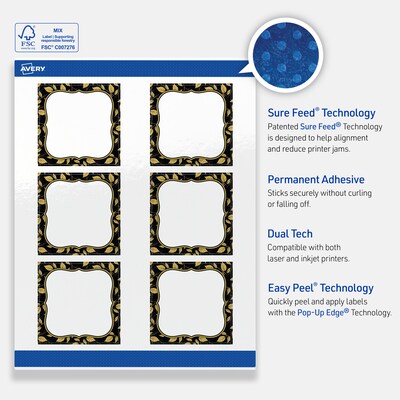 Avery Square Laser/Inkjet Multipurpose Labels, 3" x 3", White, 60/Pack (19479370918)