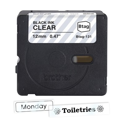 Brother P-touch Btag Label Tape, 1/2" x 13'1 (12mm x 4m), Black on Clear (BTAG131)