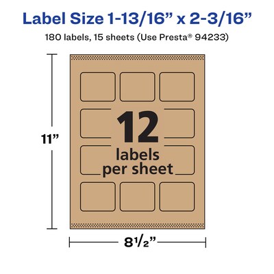 Avery Laser/Inkjet Rectangle Multipurpose Labels, 1-13/16" x 2-3/16", Kraft Brown, 180 Labels/Pack ( 94233)