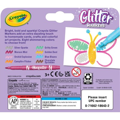 Crayola Glitter Kids Markers, Assorted Colors, 8/Pack, 3 Packs/Bundle (BIN588643-3)