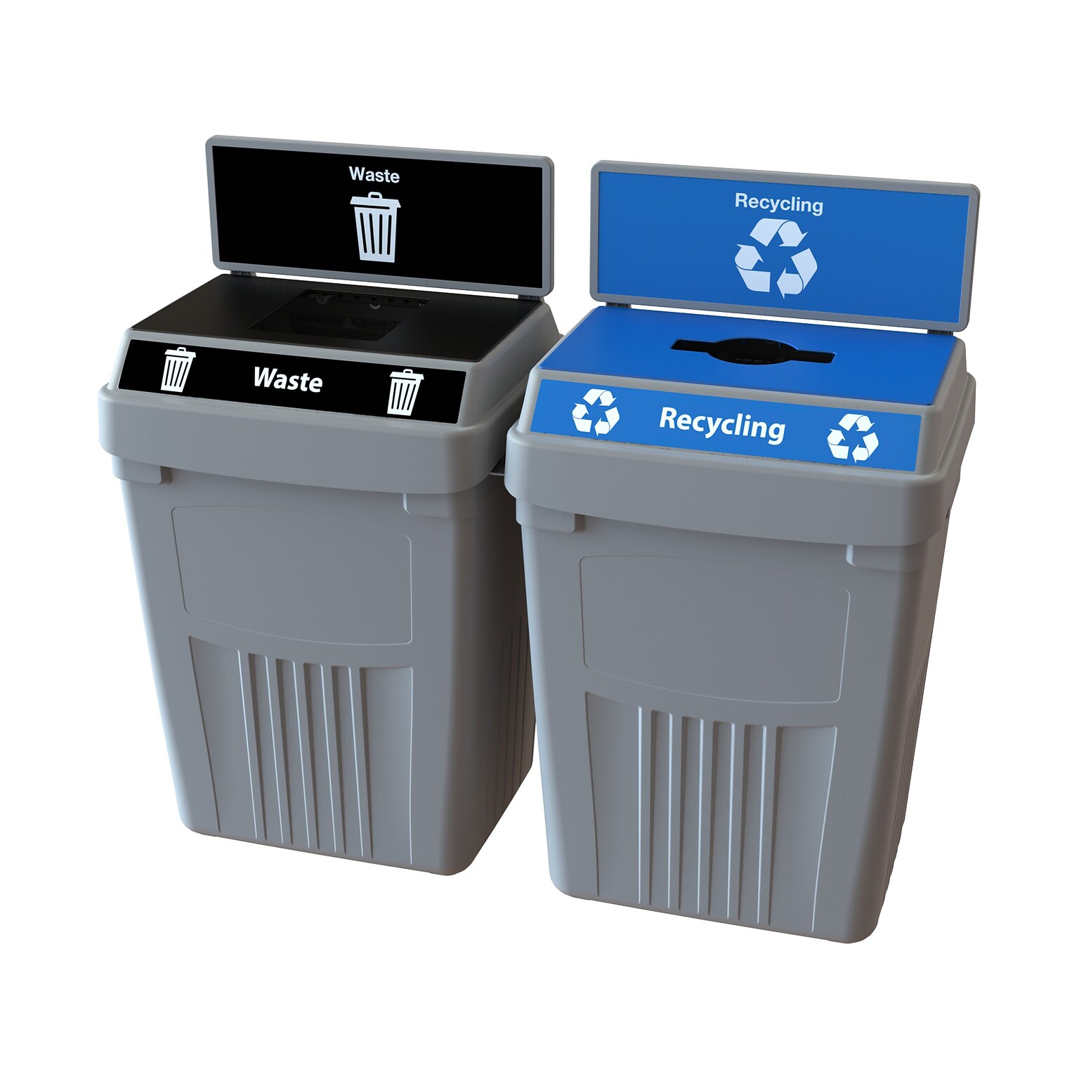 CleanRiver FlexE Plastic Dual-Stream Recycling Station, 100 Gallon, Gray (FX100B-GY2-W-BK-R-BE)