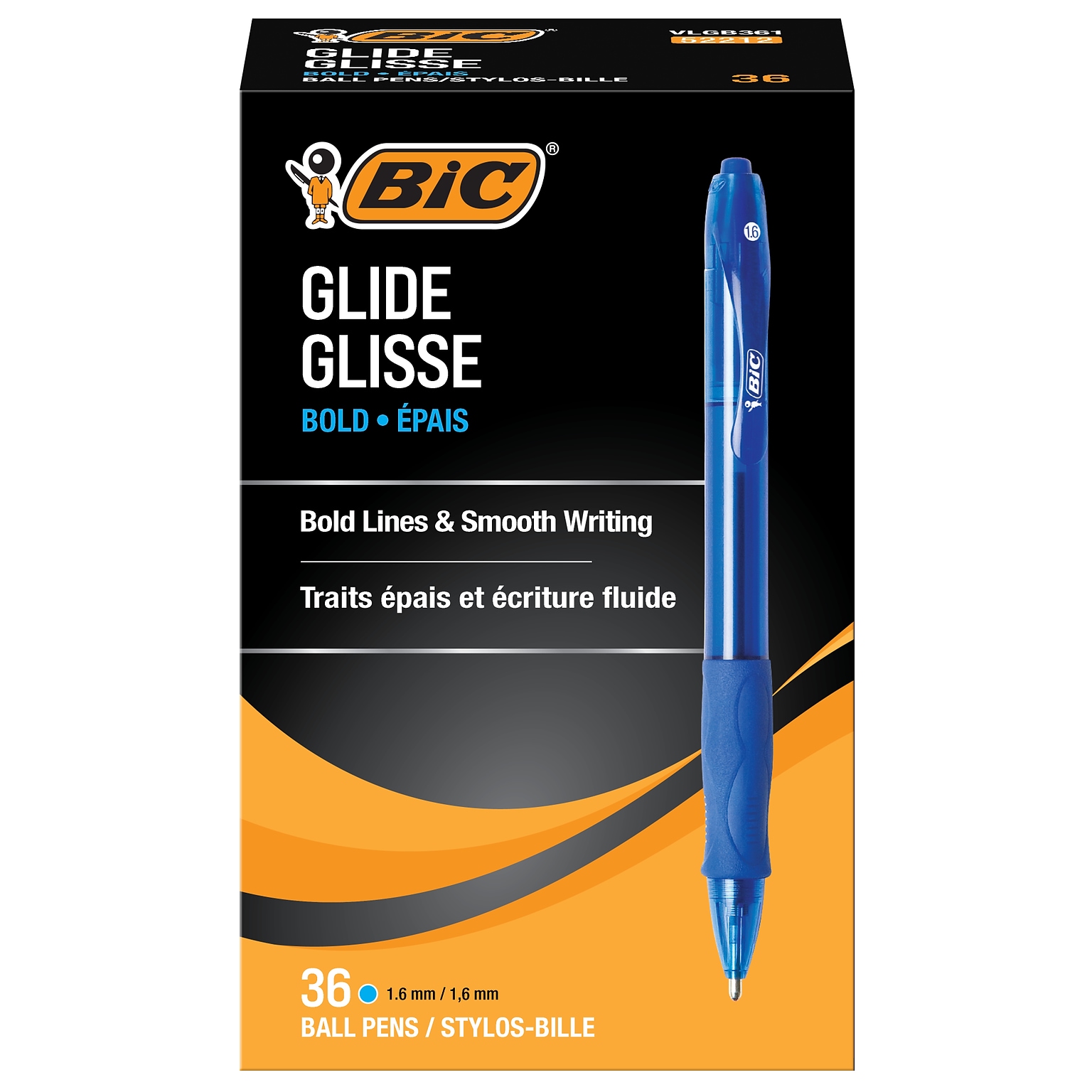 BIC Glide Bold Retractable Ballpoint Pen, Bold Point, 1.6mm, Blue Ink, 36/Pack (VLGB361-BLU)