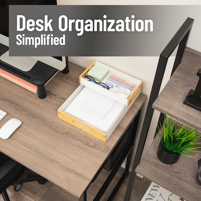 Mind Reader 2-Compartment Metal/Wood Tiered Desktop Organizer Trays, White (2TRAY-WHT)