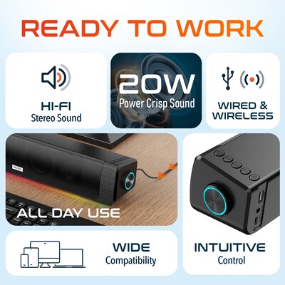 Delton SB200 20-Watt Wired/Wireless Soundbar Computer Speaker, Black (DSB200)
