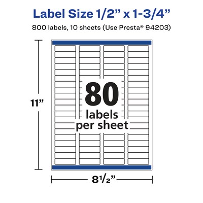 Avery Laser/Inkjet Rectangle Multipurpose Labels, 0.5" x 1.75", White, 800 Labels/Pack (94203)
