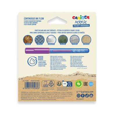 CARIOCA Water Based Acrylic Paint Markers, Brush Tip, Assorted Colors, 5/Set, 2/Bundle (CRA45280-2)