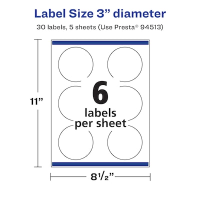 Avery Laser/Inkjet Round Multipurpose Labels, 3" Dia., White, 30 Labels/Pack (94513)