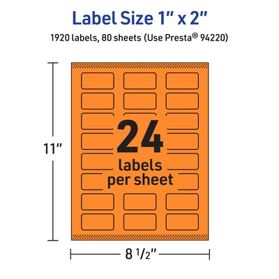 Avery Laser/Inkjet Multipurpose Rectangle Labels, 1" x 2", Bright Orange, 1920/Box (94220)