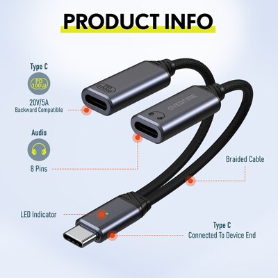 Overtime USB-C to USB-C & Type-C Audio and 100W Charging Splitter Adapter, Male to Female/Female, Black (OADCTCCBK)