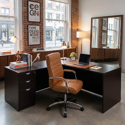 Boss Office Products 71" L-Shaped Desk with File Pedestal, Mocha (GROUPA10-MOC)