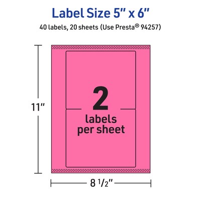 Avery Rectangle Laser/Inkjet Multipurpose Labels, 5" x 6", Bright Pink (40/Pack)