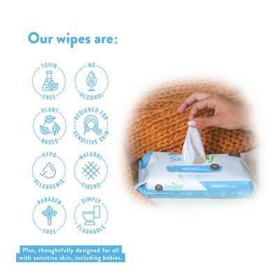 Simpleaf Unscented Flushable Wipes, 50 Single Wipes/Pack, 12 Packs/Box (S-010-12pack)