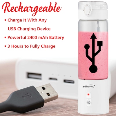 Brentwood 17-Oz. Portable Battery-Operated USB-Chargeable Glass Blender, White (RJB-100W)