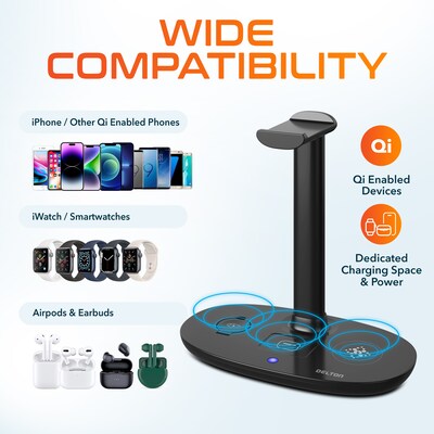 Delton HS1 4-in-1 Wireless Charging Station and Headset Stand, Black (DHSWC1)