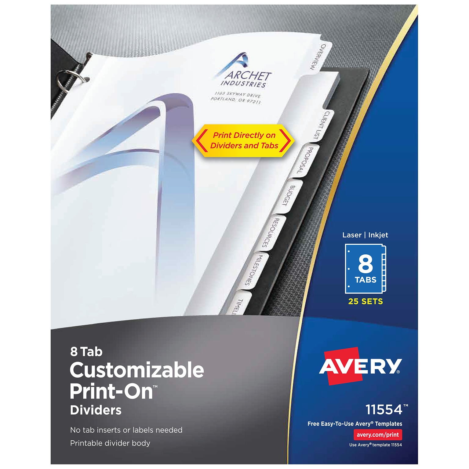 Avery Print-On Paper Dividers, 8 Tabs, White, 25 Sets/Pack (11554)