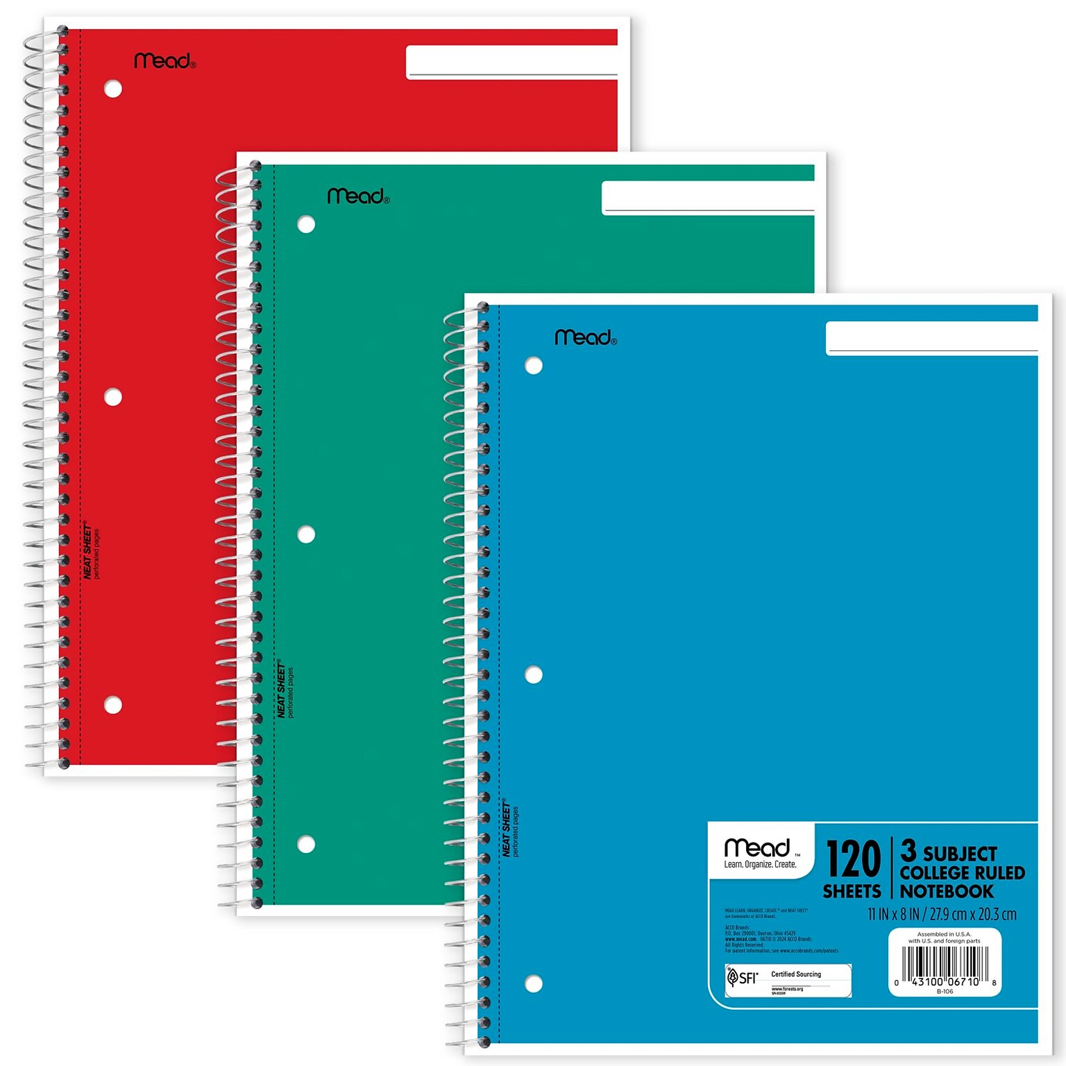 Mead Spiral 3-Subject Notebooks, 8.5 x 11, College Ruled, 120 Sheets (06710)