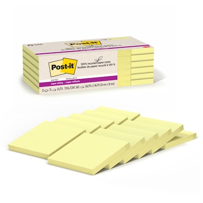 Post-it Recycled Super Sticky Notes, 3 x 3, Canary Collection, 70 Sheets/Pad, 12 Pads/Pack (654R-12SSCY)