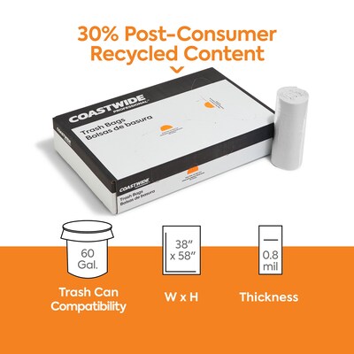 Coastwide Professional™ 60 Gallon Trash Bag with 30% PCR, 38" x 58", Low Density, 0.8 mil, Clear, 100 Bags/Box (CW62413)