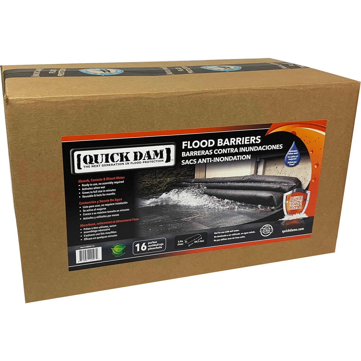 Quick Dam Water Flood Barrier, 60, Up to 4 Gal., 16/Box (QD65-16)