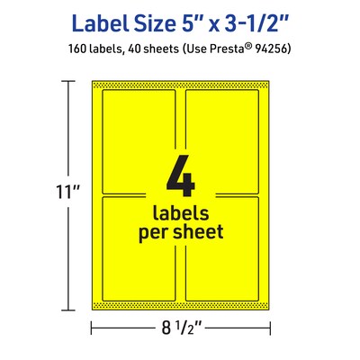 Avery Laser/Inkjet Multipurpose Rectangle Labels, 5" x 3.5", Neon Yellow, 160/Pack (94256)